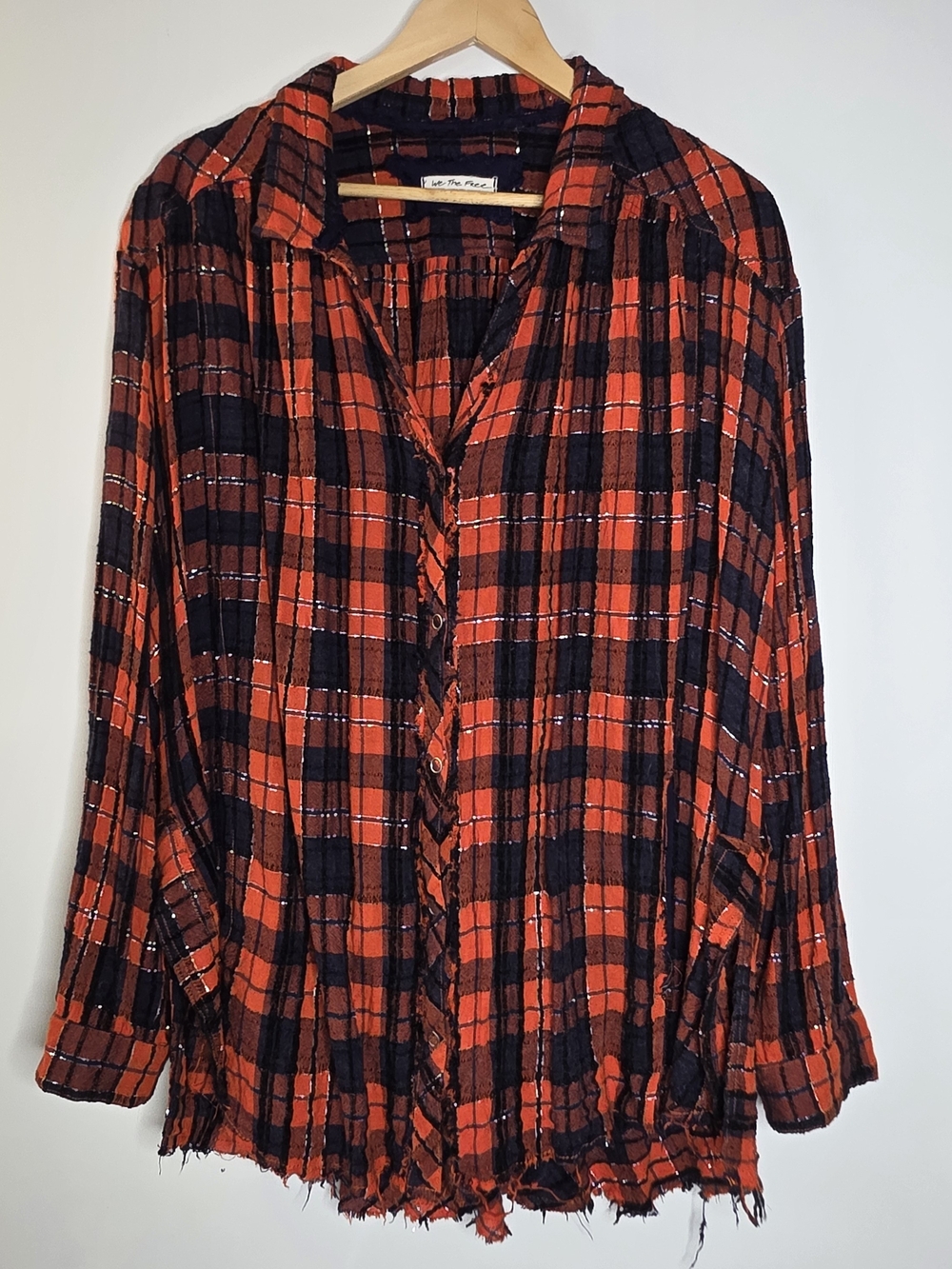 We The Free Lela Red & Black metallic Plaid Button-Down Shirt Large Great Cond..
